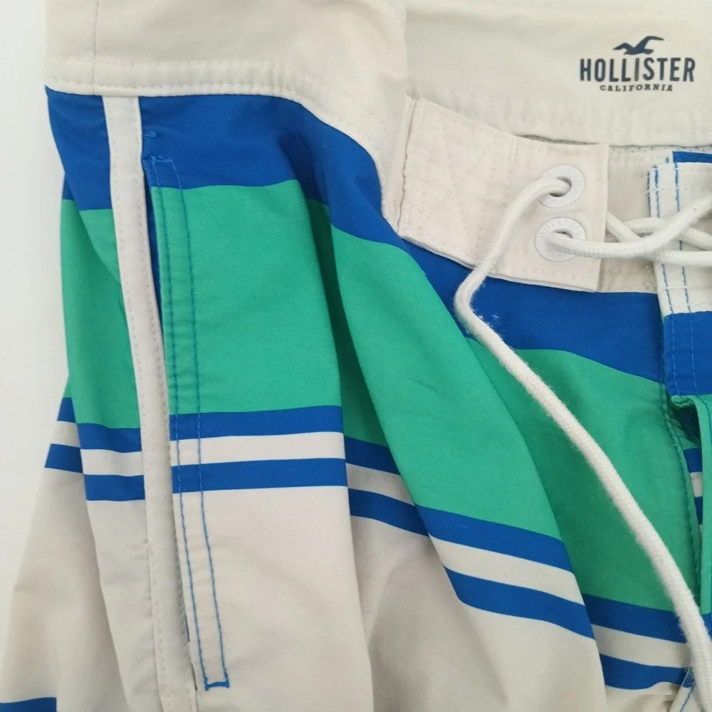 Hollister Mens Blue‎ Green Striped Board Shorts Swim Trunks Size 30 Colorblock